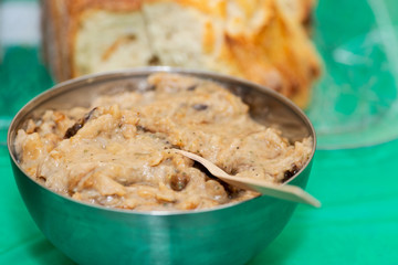 Traditional Polish Meal, Cabbage Stew, in stainless steel bowl at a party table. Bigos, Hunter's Stew.