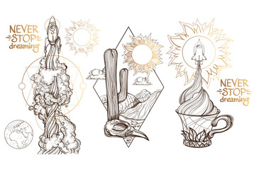 A sketch for the painting with the spacecraft and mug of coffee, tea or hot chocolate. Surrealistic illustration on the space theme design for t-shirts and various items and gifts.