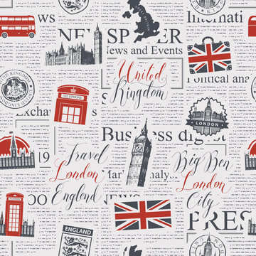 Vector seamless pattern on UK and London theme with inscriptions, British symbols, landmarks and flag in retro style on the background of news paper. Can be used as wallpaper, wrapping paper or fabric
