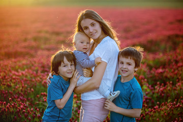 Fototapeta na wymiar Beautiful children in gorgeous crimson clover field on sunset