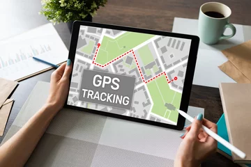 Zelfklevend Fotobehang GPS Global positioning system tracking map on device screen. © WrightStudio