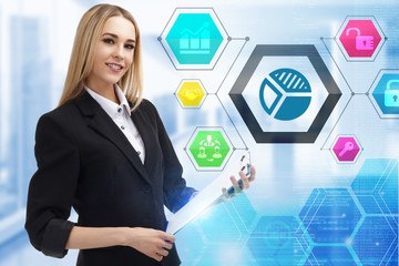 The concept of business, technology, the Internet and the network. A young entrepreneur working on...