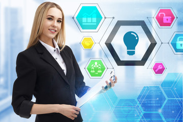The concept of business, technology, the Internet and the network. A young entrepreneur working on...