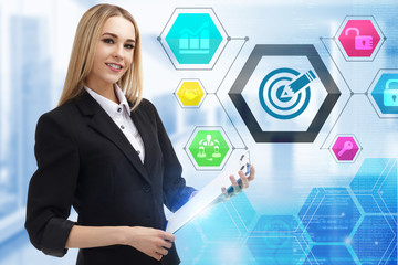 The concept of business, technology, the Internet and the network. A young entrepreneur working on a virtual screen of the future and sees the inscription: