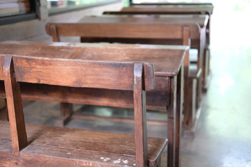 old table & chair in classroom. back to school