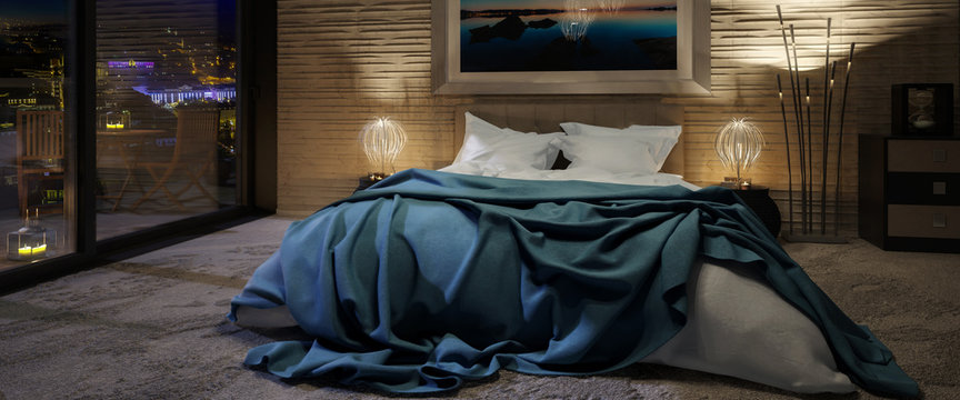 Luxury Penthouse Bedroom By Evening (panoramic) - 3d Visualization