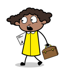 Getting Late for Office - Retro Black Office Girl Cartoon Vector Illustration