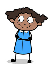 Smiling and Watching - Retro Black Office Girl Cartoon Vector Illustration