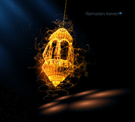 Ramadan kareem arabic greeting card. luminous lanterns. Traditional arabic poster card object. Islamic Festival concept. Polygonal wireframe light - Vector