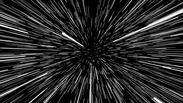 Hyperspace jump through the stars to a distant space seamless loop. Speed of light, neon glowing rays in motion. Lightspeed space journey through time continuum. Warp journey in wormhole 3D animation