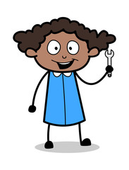 Showing a Wrench Tool - Retro Black Office Girl Cartoon Vector Illustration