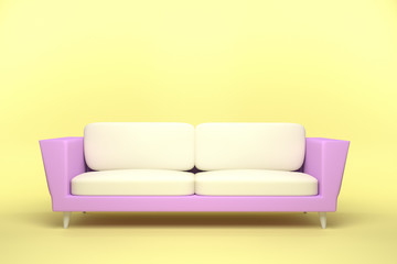 Pink and White Leather sofa design in yellow background, 3D rendering illustration