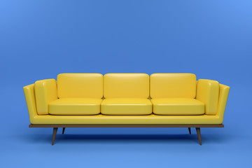 yellow Leather sofa design in blue background, 3D rendering illustration.