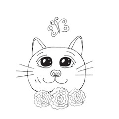 Cartoon cat with flower on the head for coloring book or pages