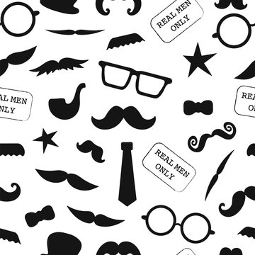 Vector seamless pattern of photo booth props. Repeating background of moustache, glasses, pipe, hat, bow, tie for holiday or party. Moustache season backdrop. Real men background for father’s day