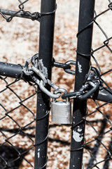 Silver pad lock & chain restricting metal gate from opening.