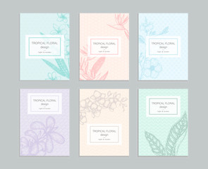 Fototapeta premium Tropical floral templates with hand drawn bunches of plumeria, canna, aloe, bougainvillea, hibiscus, protea, orchid, strelitzia. Perfect for romantic design, greeting cards, posters