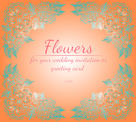 Wreath of roses or peonies flowers with living coral, turquoise and white colors. Floral frame design elements for your wedding invitation and greeting card. Hand drawn. Line art. Sketch.