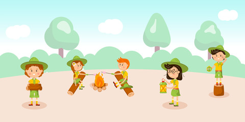 Girl and boy scouts flat vector illustration