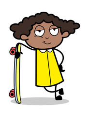 Standing with a Skateboard - Retro Black Office Girl Cartoon Vector Illustration