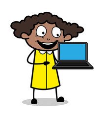 Presenting a Laptop - Retro Black Office Girl Cartoon Vector Illustration