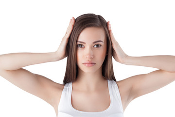 Fototapeta premium Young attractive woman on isolated white background. Female facial portrait. Closeup portrait of beautiful lady.