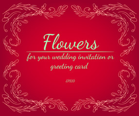 Wreath of roses or peonies flowers with red, carmine, sundown, fringy flower gradient colors. Floral frame design elements for your wedding invitation and greeting card. Hand drawn. Line art. Sketch