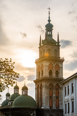 Fototapeta na wymiar church tower view on sunset