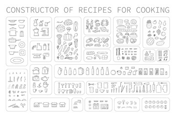 Cooking instruction icons of different food utensils and appliances for kitchen. Step guide constructor set line art vector black white isolated illustration.