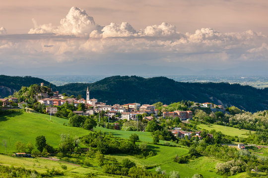 landscape with village Vernasca, Italy