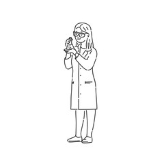 Chemist woman laboratory technician in professional protection uniform. Line art style character vector black white isolated illustration.