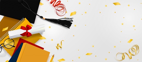 Graduation vector banner. Background Congrats graduates with objects viewed from above hat with degree paper, books, notebook and pencil, glasses, gold confetti, ribbons and stars.