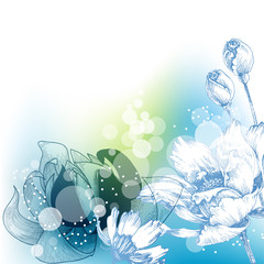 Spring bright floral background in blue and green. Roses and lilies design