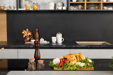 Beautifully served whole cooked chicken
