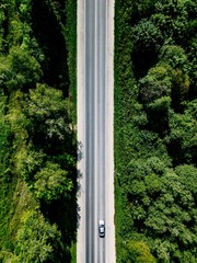 Aerial view  of road through the green forest in rural country
