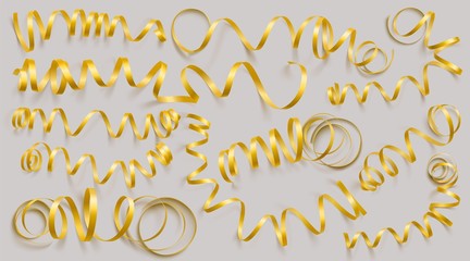 Set of realistic gold ribbons on grey background. Vector illustration. Can be used for greeting card, holidays, banners, gifts and etc.