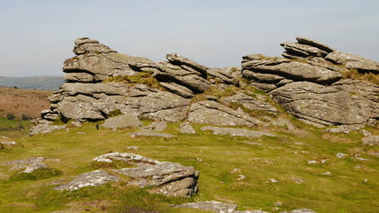 Fototapeta na wymiar Granite rock outcrop at Hound Tor, Dartmoor, Devon, England