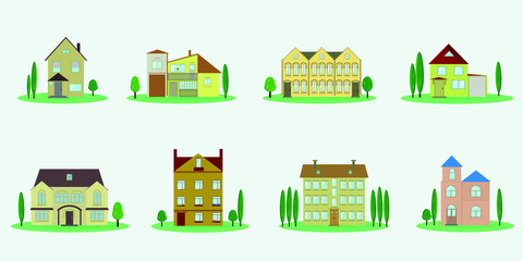Set of 8 cottage houses. Isolated vector images of cottage houses in flat style