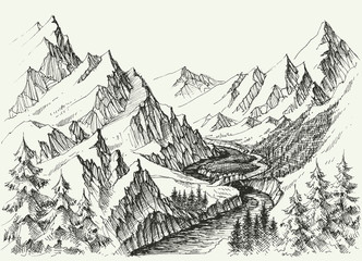 River flow in the mountains. Hand drawn alpine landscape