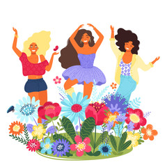 Vector template with happy women and flowers. Modern flat colorful vector illustration.