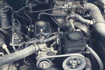 Dirty car engine. Close-up. Background.