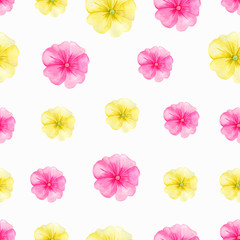 Watercolor hand drawn pink and yellow color flowers pattern. Colorful flowers background.