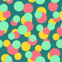 Colorful circles seamless pattern. Geometric background in trendy colors: pale pink, navy blue, mint, coral. Different textures of circles. Design for prints, posters, fabrics, paper packaging