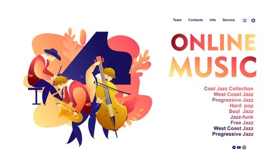 Vector illustration, template for web banner, landing page with live music jazz and blues, radio, for internet users