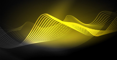 Glowing abstract wave on dark, shiny motion, magic space light. Techno abstract background