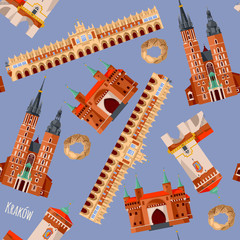 Fototapeta Sights of Krakow, Poland. Cloth Hall, St. Florian’s Gate, St. Mary’s Basilica, Barbican. Seamless background pattern. obraz