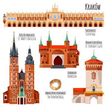 Sights of Krakow, Poland. Cloth Hall, St. Florian’s Gate, St. Mary’s Basilica, Barbican.