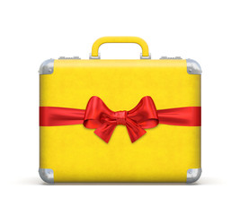 Yellow travel suitcase or classic vintage luggage with red bow and ribbon as symbol of gift summer voyage or tourist special offer (front view)