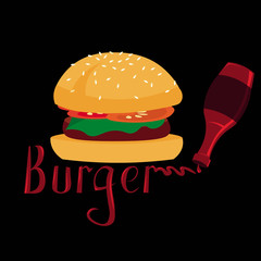 Burger, text from ketchup. Design for a cafe logo, food club, menu.
