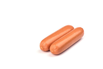 Two fresh boiled sausages isolated on white background.